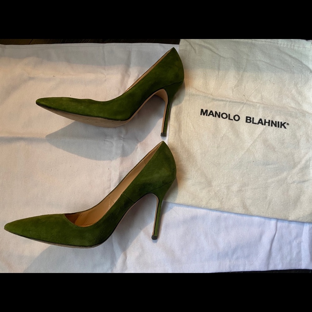 Green suede Manolo Blahnik heels